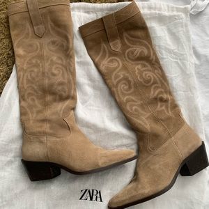 Zara Knee High Split Leather Cowboy Boots